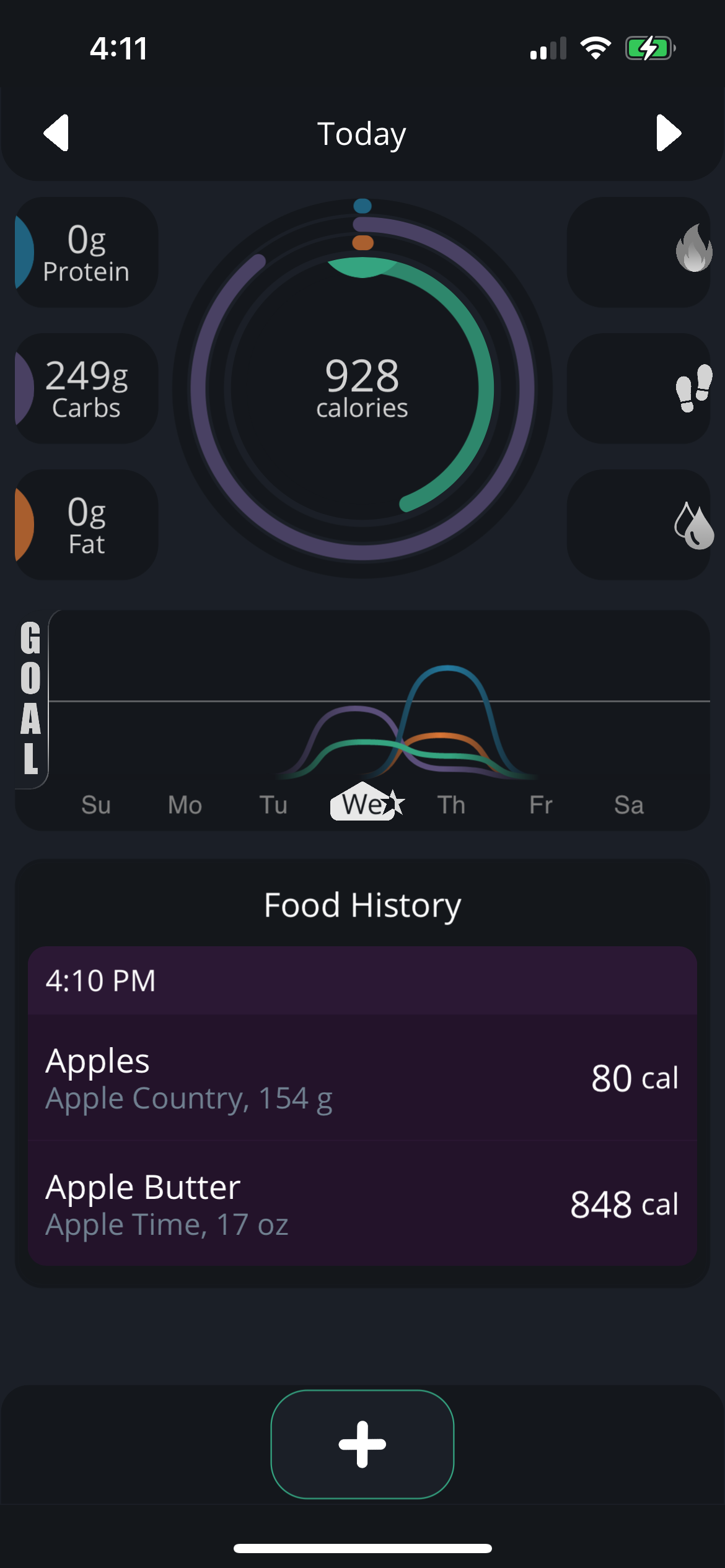 Early BiteBalance dashboard with calorie rings, macro totals, and food history.