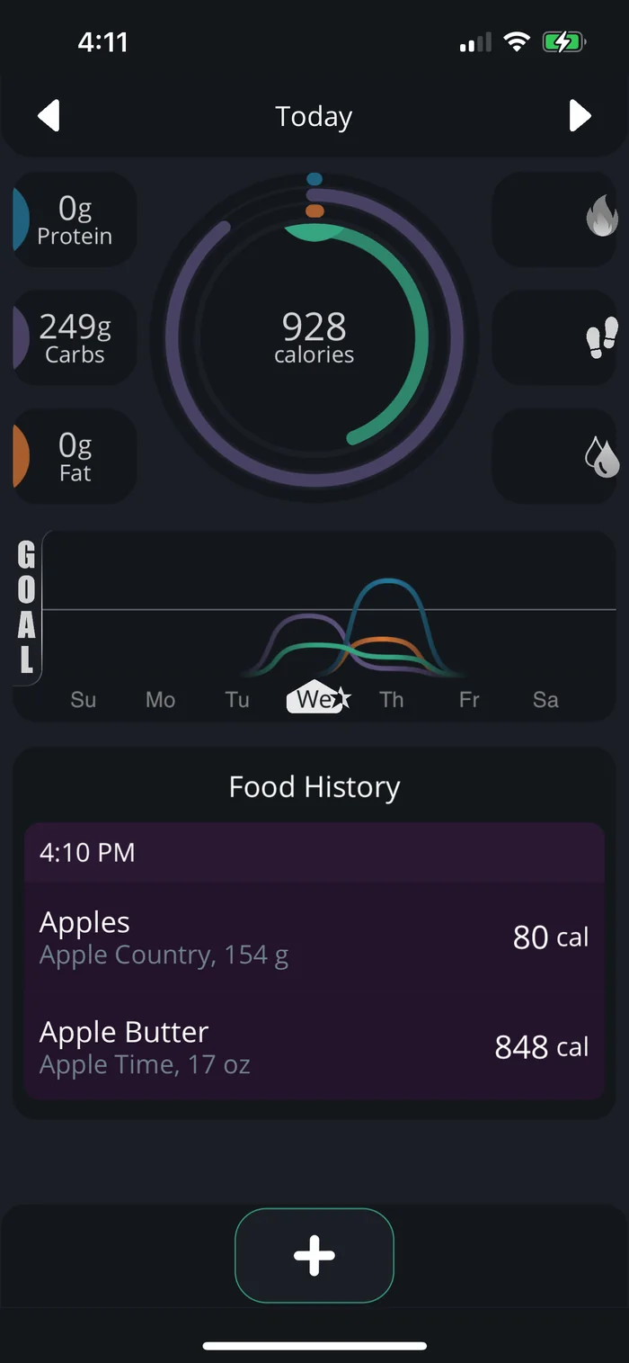 Early BiteBalance dashboard showing daily totals and food history.