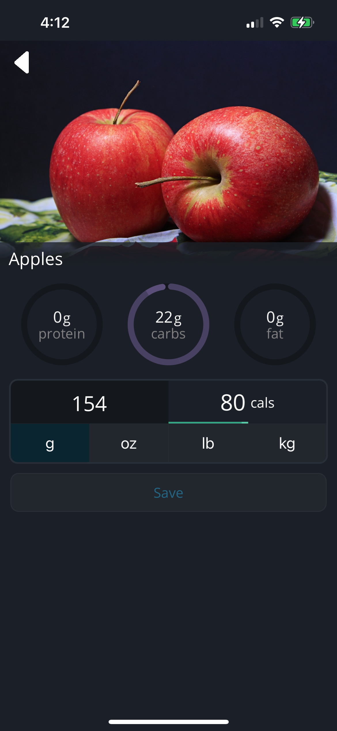 Early BiteBalance food detail screen for apples with macros and serving controls.