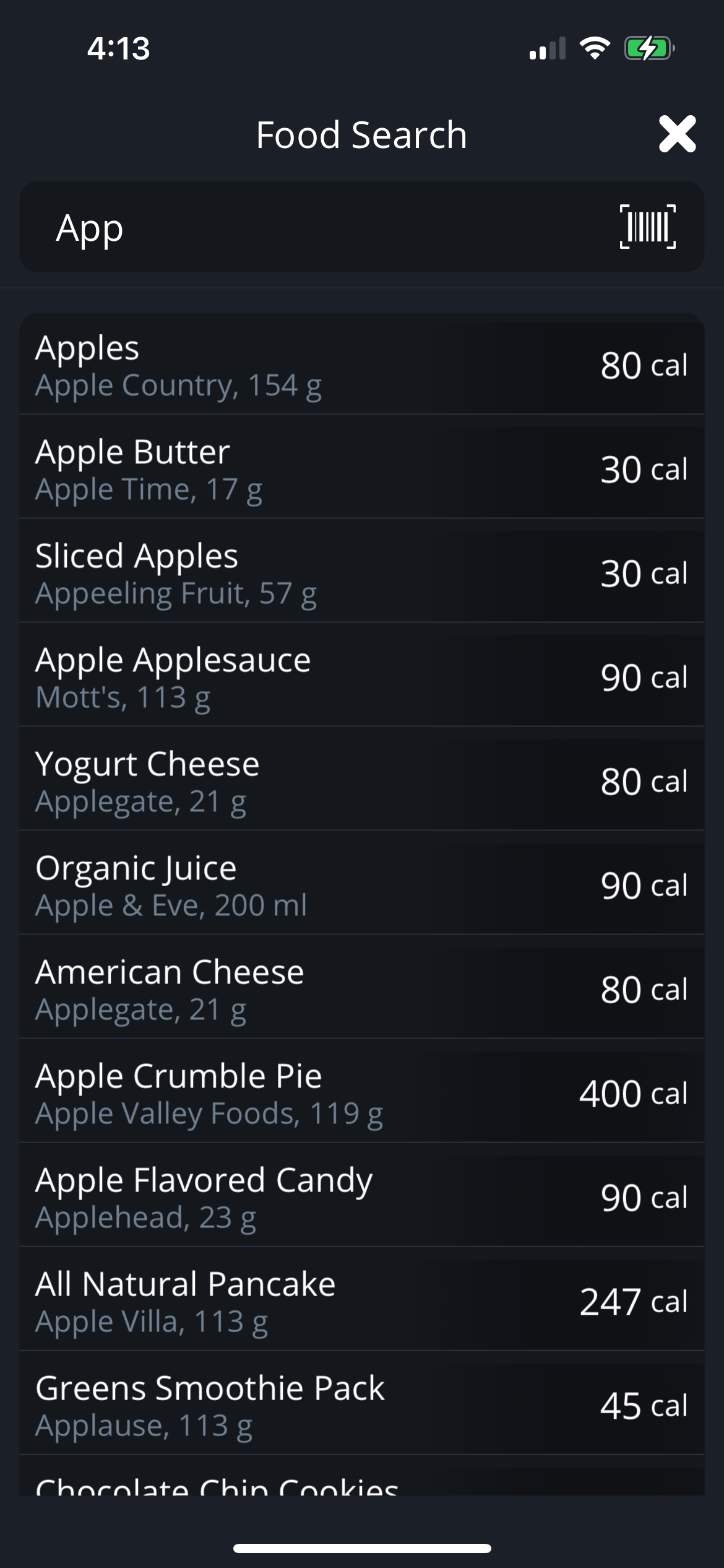Early BiteBalance food search results for apple foods.