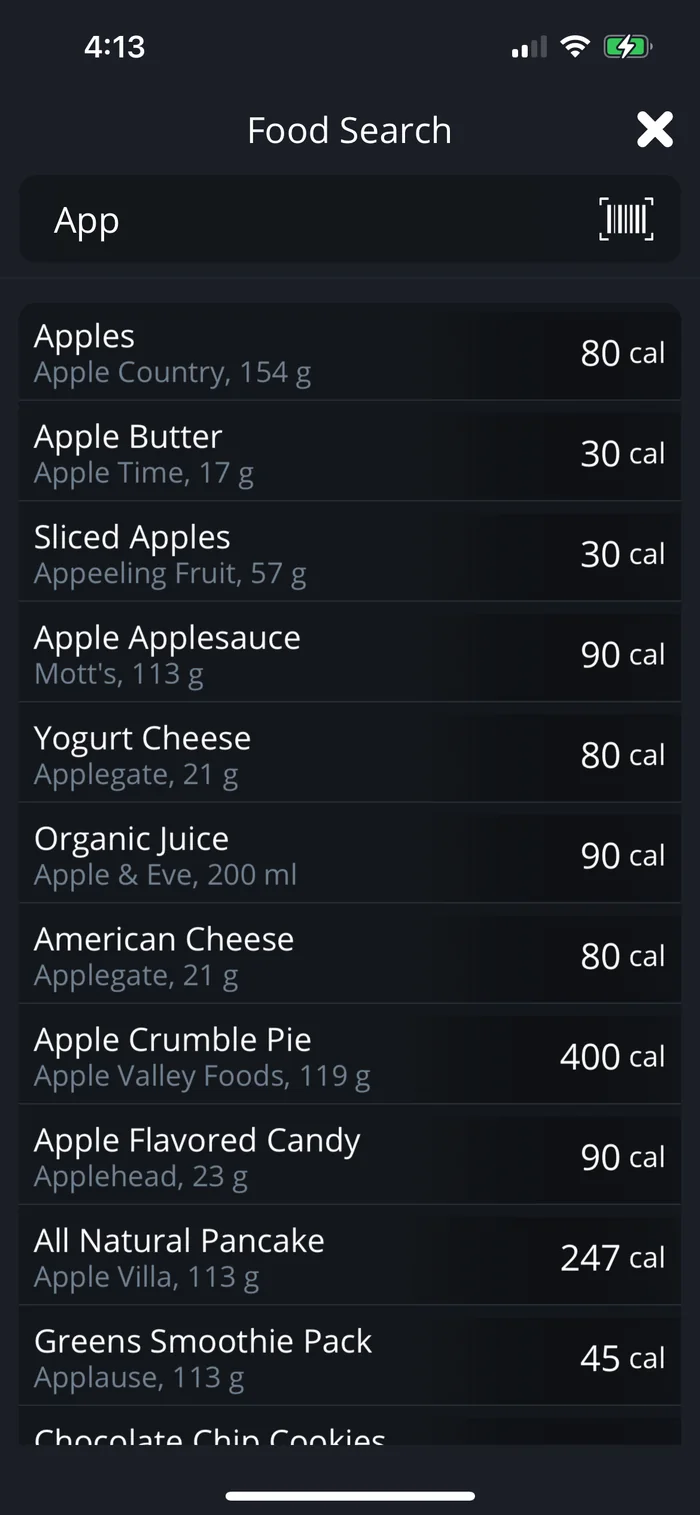 Early BiteBalance food search screen.