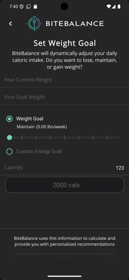 Older BiteBalance setup screen for setting a weight goal.