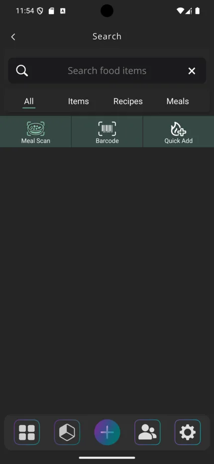 Older BiteBalance search screen with meal scan, barcode, quick add, and bottom navigation.
